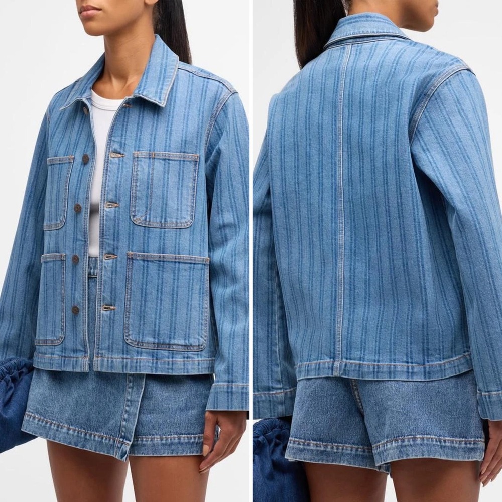 Veronica Beard Dahl Denim Jacket Size Medium Sapphire Stripe Chic Oversized Boxy - Picture 3 of 16